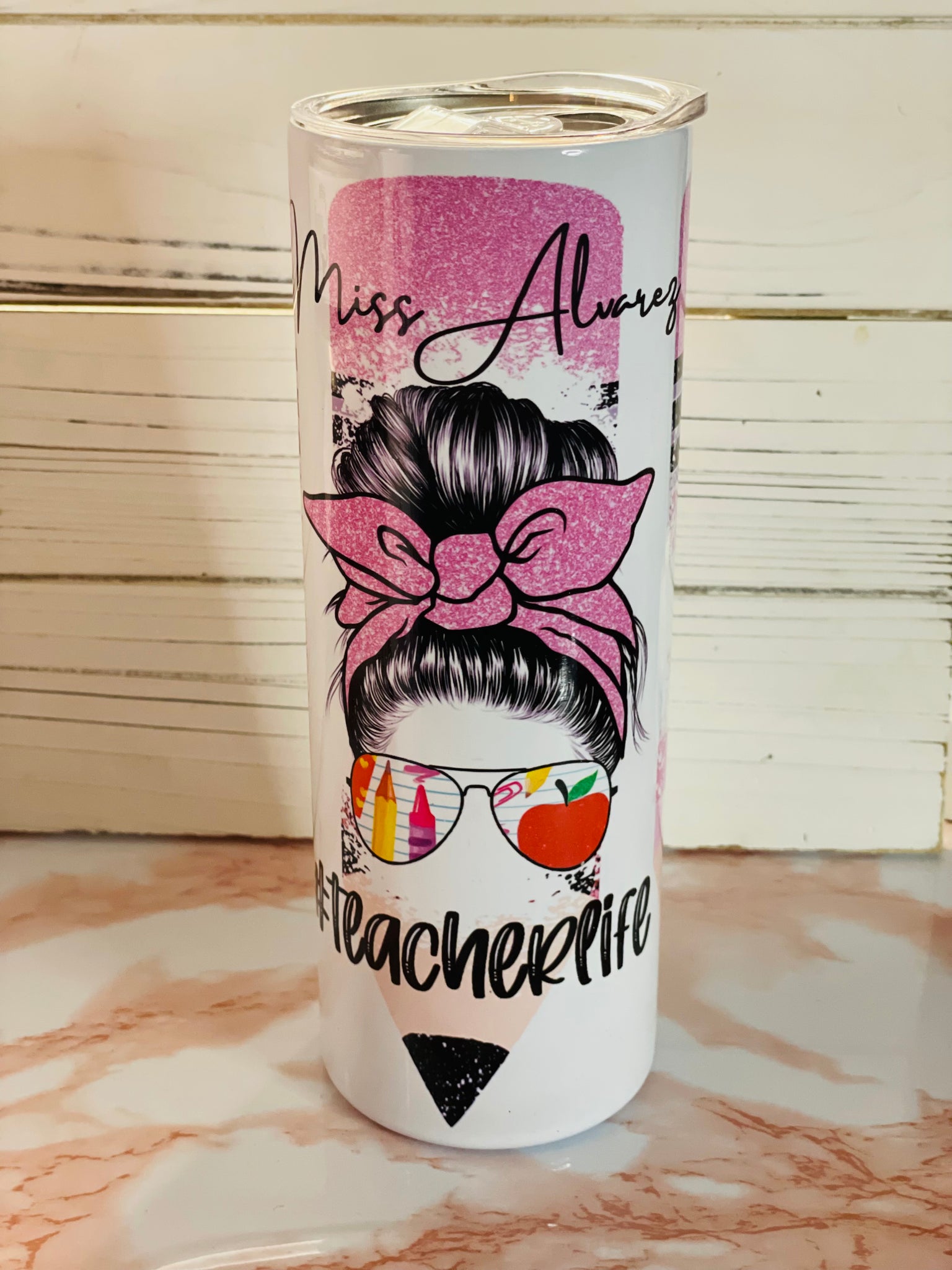 Pink Pencil Teacher Tumbler with Teach Love Inspire Design